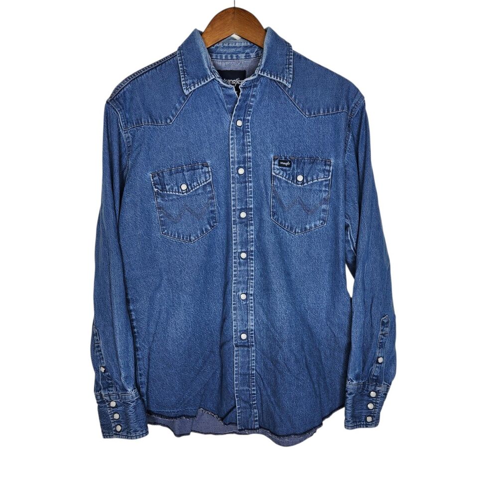 Vintage Wrangler Mens Blue Denim Pearl Snap LS Western Cowboy Work Shirt Size L